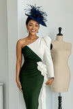 Black and White One Shoulder Midi Mother of the Bride Dress with Sleeves