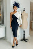 Black and White One Shoulder Midi Mother of the Bride Dress with Sleeves