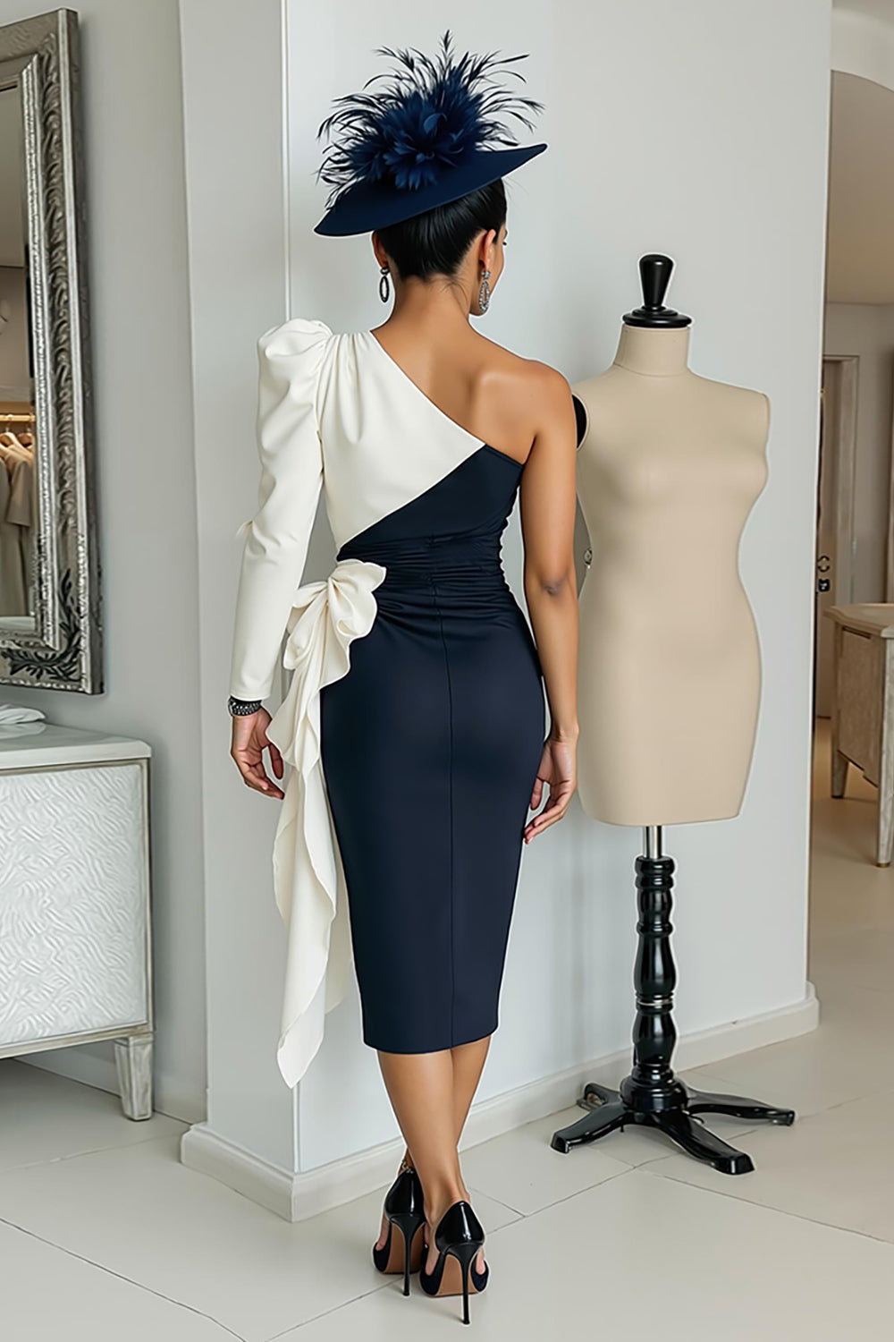 Zapaka Women Black and White Midi Mother Of The Bride Dress One Shoulder Bodycon Satin Ruched Wedding Guest Dress with Sash, Navy / US26W