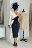 Black and White One Shoulder Midi Mother of the Bride Dress with Sleeves