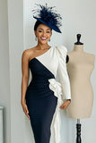 Black and White One Shoulder Midi Mother of the Bride Dress with Sleeves