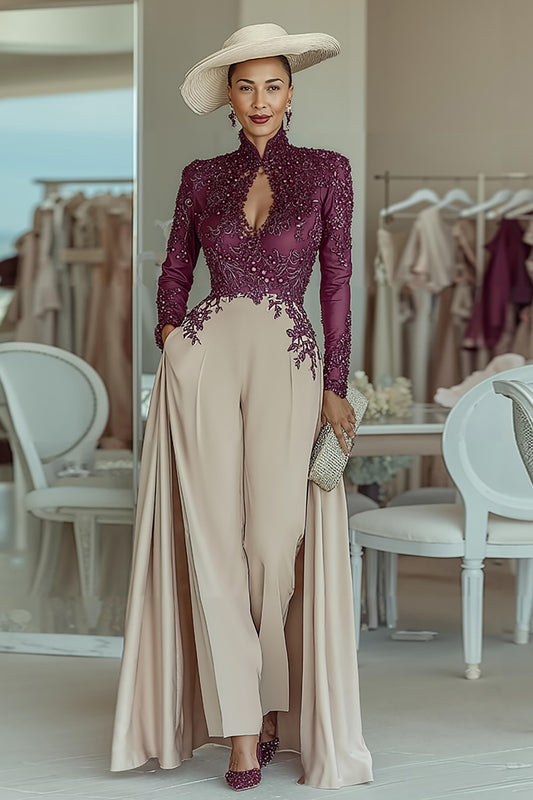 Purple Apricot Lace High Neck Long Sleeves Mother of the Bride Jumpsuits