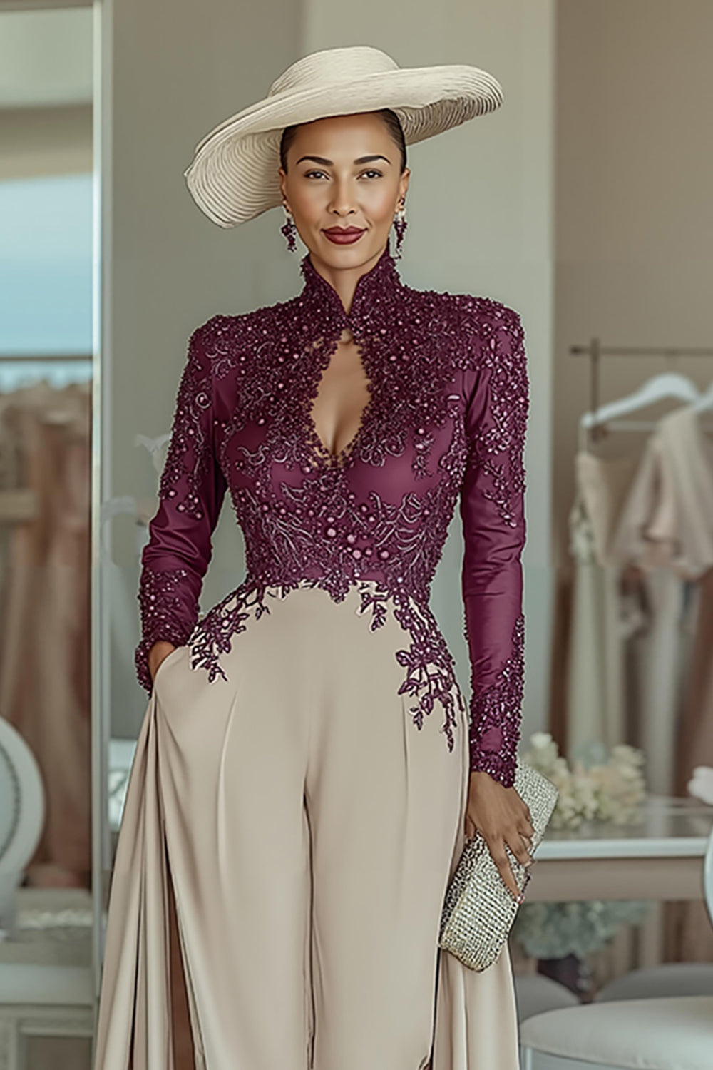 Purple Apricot Lace High Neck Long Sleeves Mother of the Bride Jumpsuits