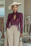 Purple Apricot Lace High Neck Long Sleeves Mother of the Bride Jumpsuits
