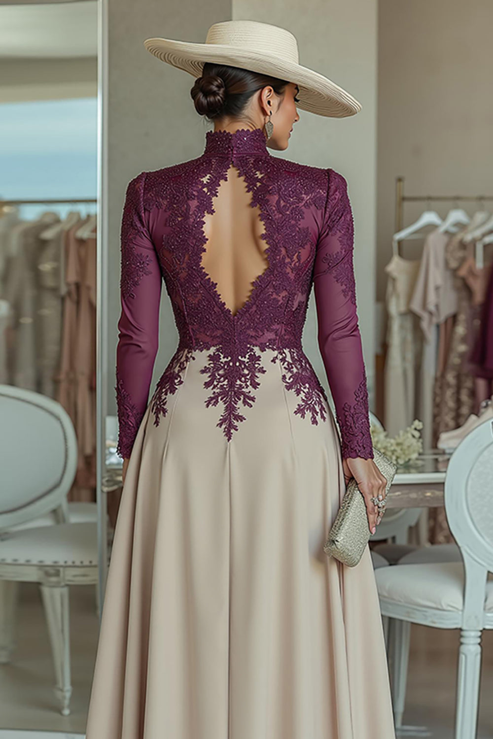 Purple Apricot Lace High Neck Long Sleeves Mother of the Bride Jumpsuits