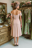 Dusty Rose Satin Ruched Off the Shoulder Midi Mother of the Bride Dress