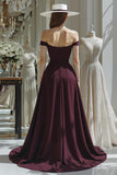 Cabernet A Line Satin Off the Shoulder Long Mother of the Bride Jumpsuits