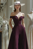 Cabernet A Line Satin Off the Shoulder Long Mother of the Bride Jumpsuits