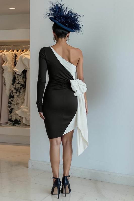 Black and White Ruched One Shoulder Midi Mother of the Bride Dress with Bow
