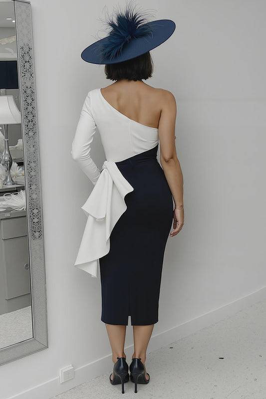 Black and White One Shoulder Sheath Midi Mother of the Bride Dress with Ruffles