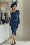 Navy Sheath Draped One Shoulder Midi Mother of the Bride Dress
