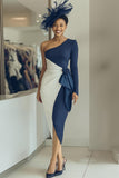 Navy Sheath Draped One Shoulder Midi Mother of the Bride Dress