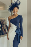 Navy Sheath Draped One Shoulder Midi Mother of the Bride Dress