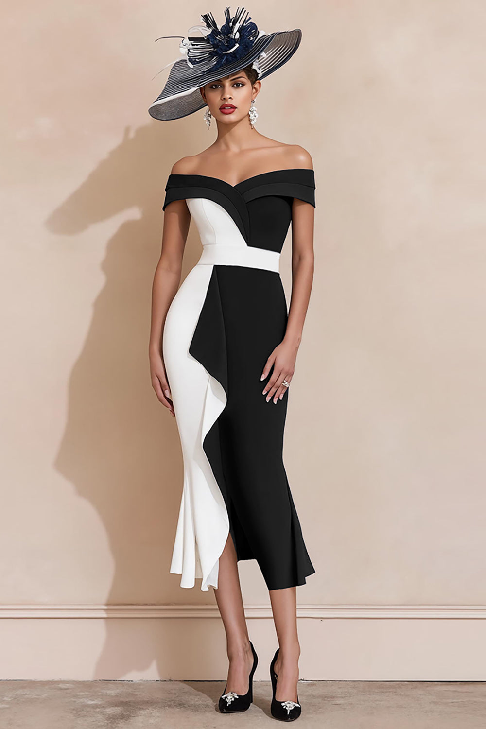Black and White Mermaid Off the Shoulder Ruffled Long Mother of the Bride Dress