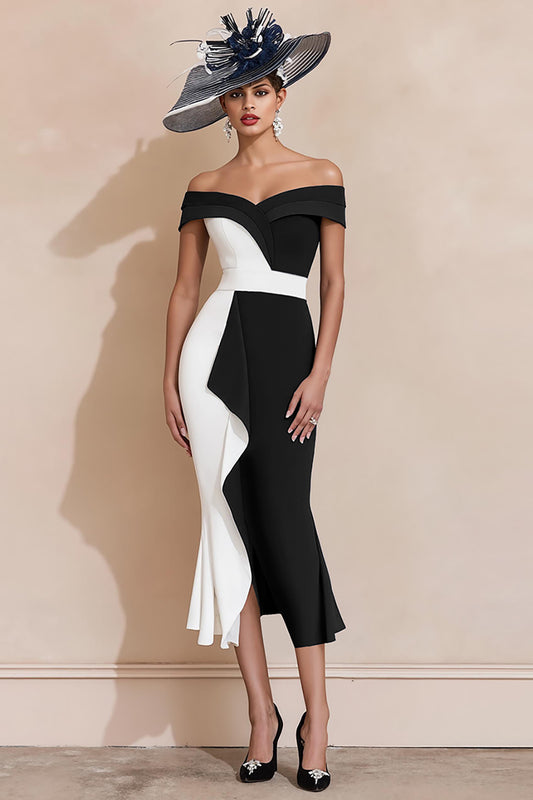 Black and White Mermaid Off the Shoulder Ruffled Long Mother of the Bride Dress
