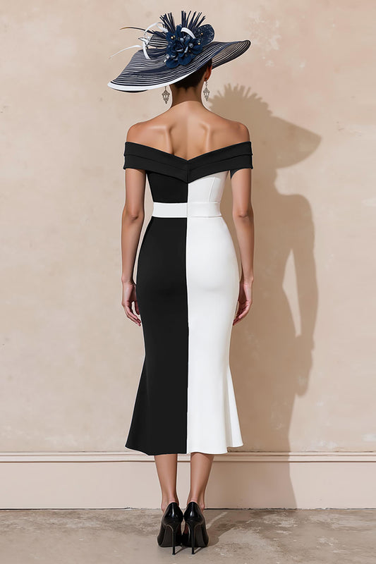 Black and White Mermaid Off the Shoulder Ruffled Long Mother of the Bride Dress