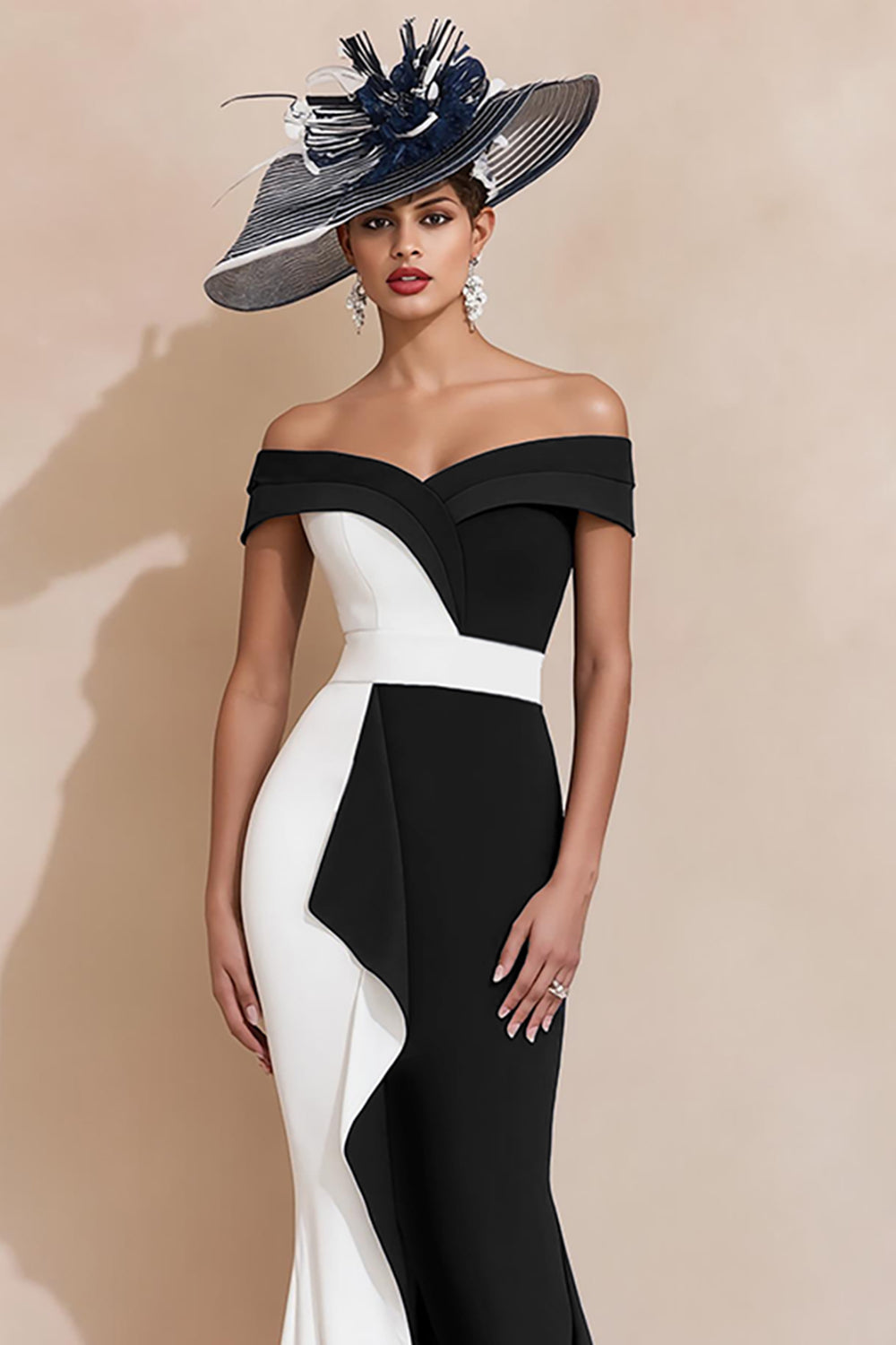 Black and White Mermaid Off the Shoulder Ruffled Long Mother of the Bride Dress