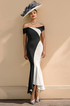 Black and White Patchwork Mermaid Ruffled Long Mother of the Bride Dress