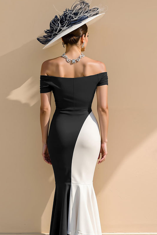 Black and White Patchwork Mermaid Ruffled Long Mother of the Bride Dress