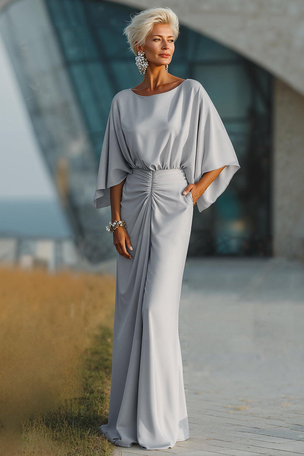 Zapaka Women Silver Long Mother Of The Bride Dress Sheath Boat Neck Ruched Wedding Guest Dress, Silver / US26W