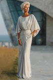 Silver Sheath Boat Neck Ruched Long Mother of the Bride Dress with Pocket