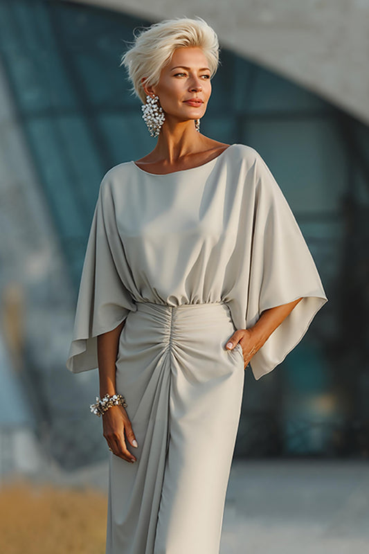 Silver Sheath Boat Neck Ruched Long Mother of the Bride Dress with Pocket