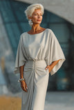 Silver Sheath Boat Neck Ruched Long Mother of the Bride Dress with Pocket