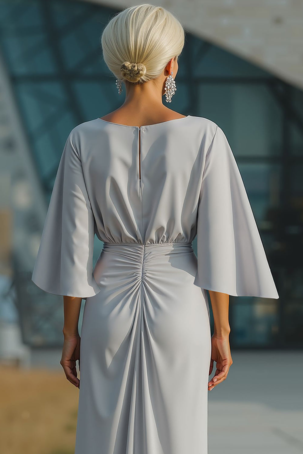 Silver Sheath Boat Neck Ruched Long Mother of the Bride Dress with Pocket