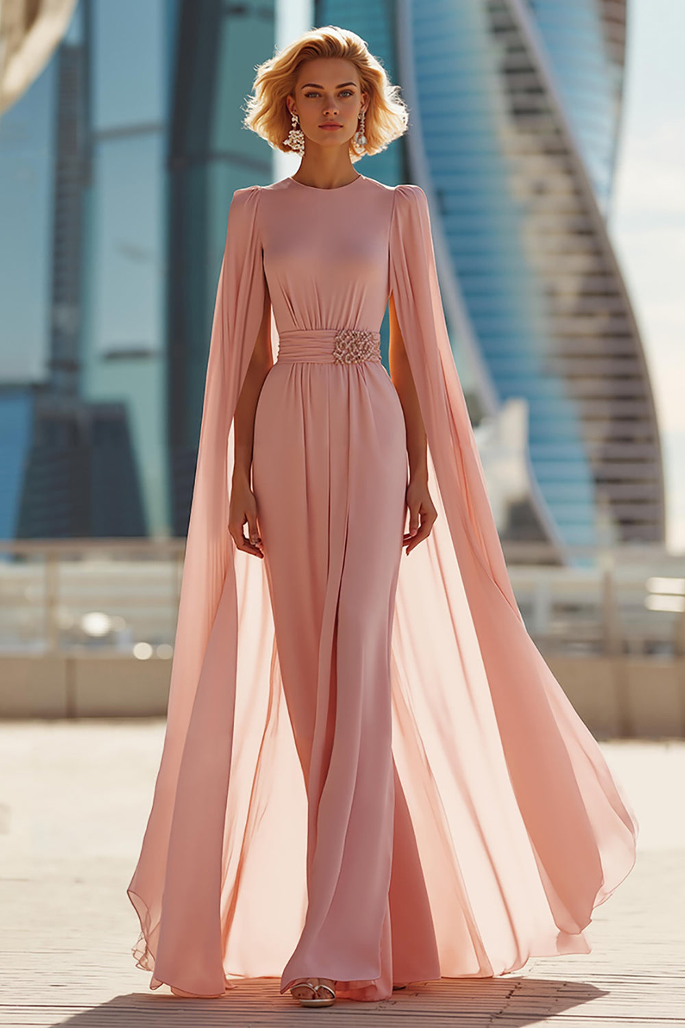 Zapakasa Women Sparkly Blush Pink Sheath Long Mother of the Bride Dress with Cape Sheath Round Neck Wedding Guest Dress with Beading