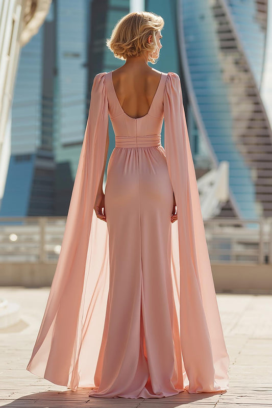 Sparkly Blush Pink Round Neck Long Mother of the Bride Dress with Cape