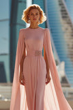 Sparkly Blush Pink Round Neck Long Mother of the Bride Dress with Cape