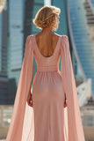 Sparkly Blush Pink Round Neck Long Mother of the Bride Dress with Cape