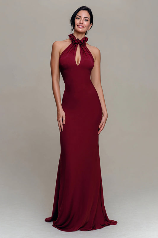Burgundy High Neck Mermaid Long Formal Dress