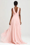 Pink V-Neck A-Line Chiffon Long Formal Dress with Ruffles