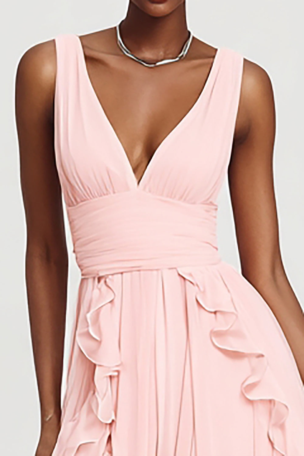 Pink V-Neck A-Line Chiffon Long Formal Dress with Ruffles