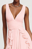 Pink V-Neck A-Line Chiffon Long Formal Dress with Ruffles