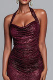 Sparkly Burgundy Halter Sequin Mermaid Long Holiday Party Dress