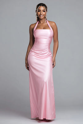 Simple Pink Halter Satin Mermaid Long Formal Dress