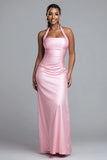 Simple Pink Halter Satin Mermaid Long Formal Dress