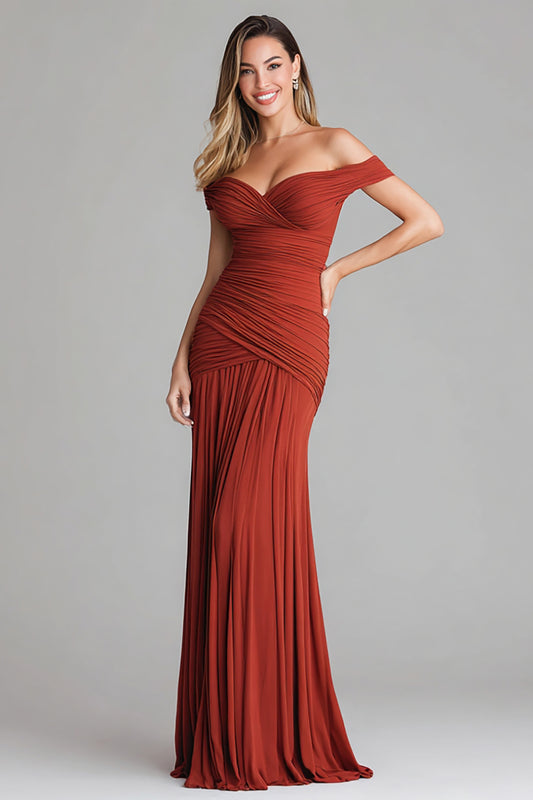 Terracotta Off the Shoulder Ruched Mermaid Long Formal Dress
