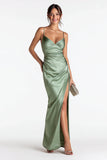 Sage Green Spaghetti Straps Satin Mermaid Long Formal Dress with Slit