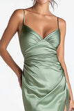 Sage Green Spaghetti Straps Satin Mermaid Long Formal Dress with Slit
