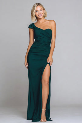 Dark Green One Shoulder Mermaid Long Formal Dress with Slit