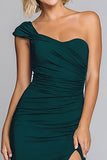 Dark Green One Shoulder Mermaid Long Formal Dress with Slit
