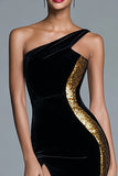 Sparkly Black One Shoulder Velvet Mermaid Long Holiday Party Dress with Sequins