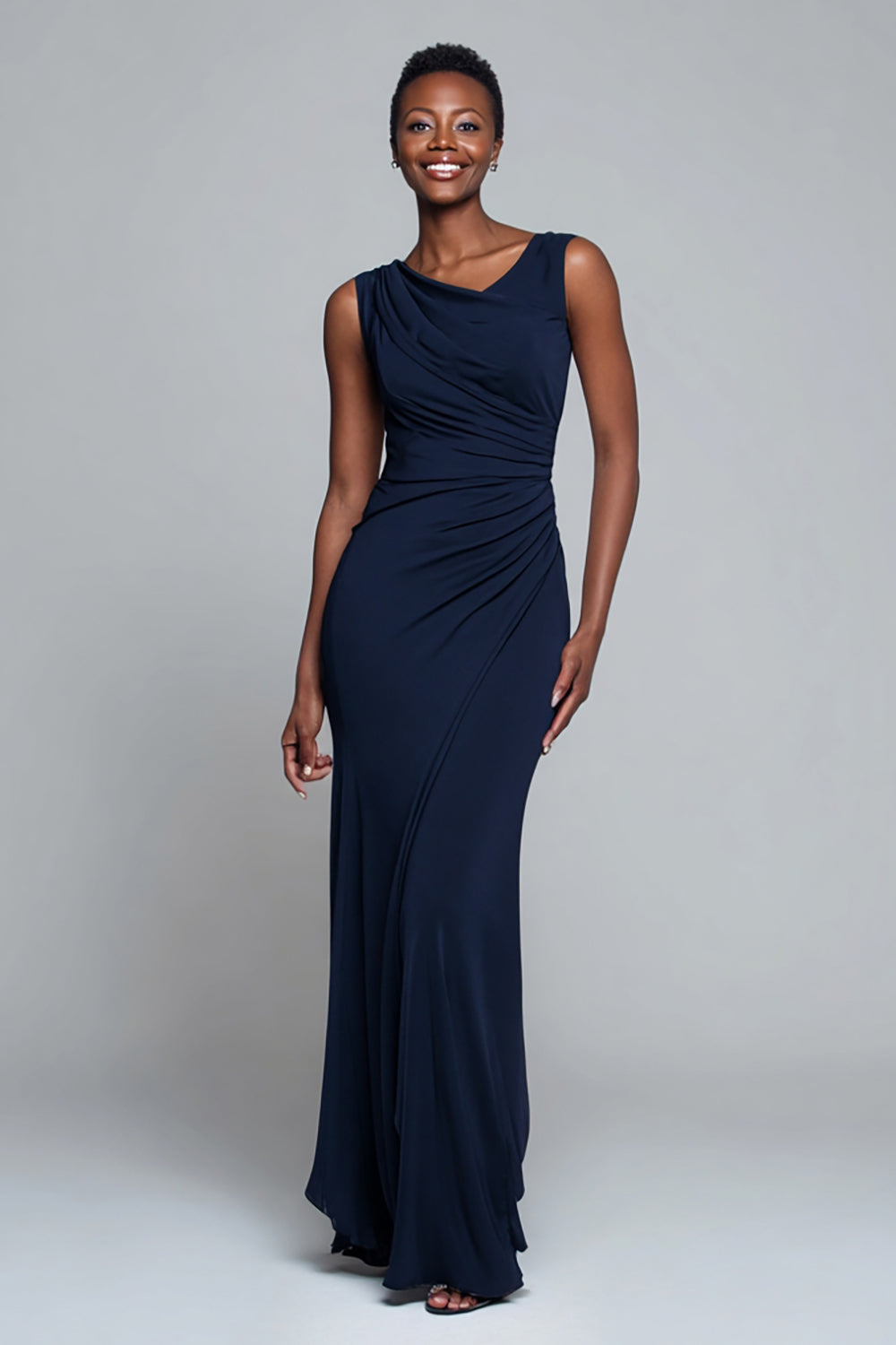 Simple Navy V-Neck Ruched Mermaid Long Formal Dress