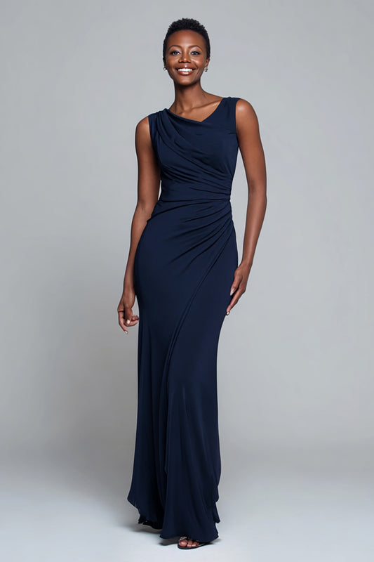 Simple Navy V-Neck Ruched Mermaid Long Formal Dress