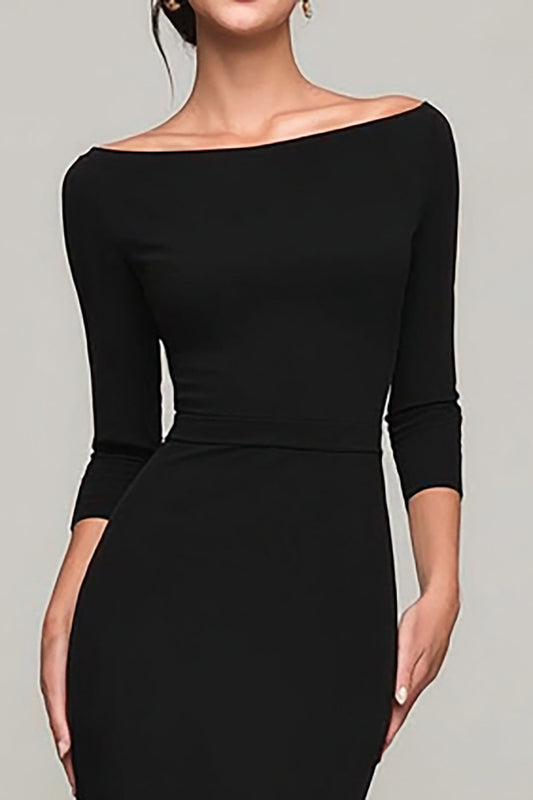 Black Boat Neck Mermaid Long Formal Dress with Sleeves