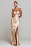 Champagne Sweetheart Satin Mermaid Long Formal Dress with Slit
