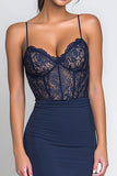 Navy Spaghetti Straps Mermaid Long Corset Formal Dress with Lace